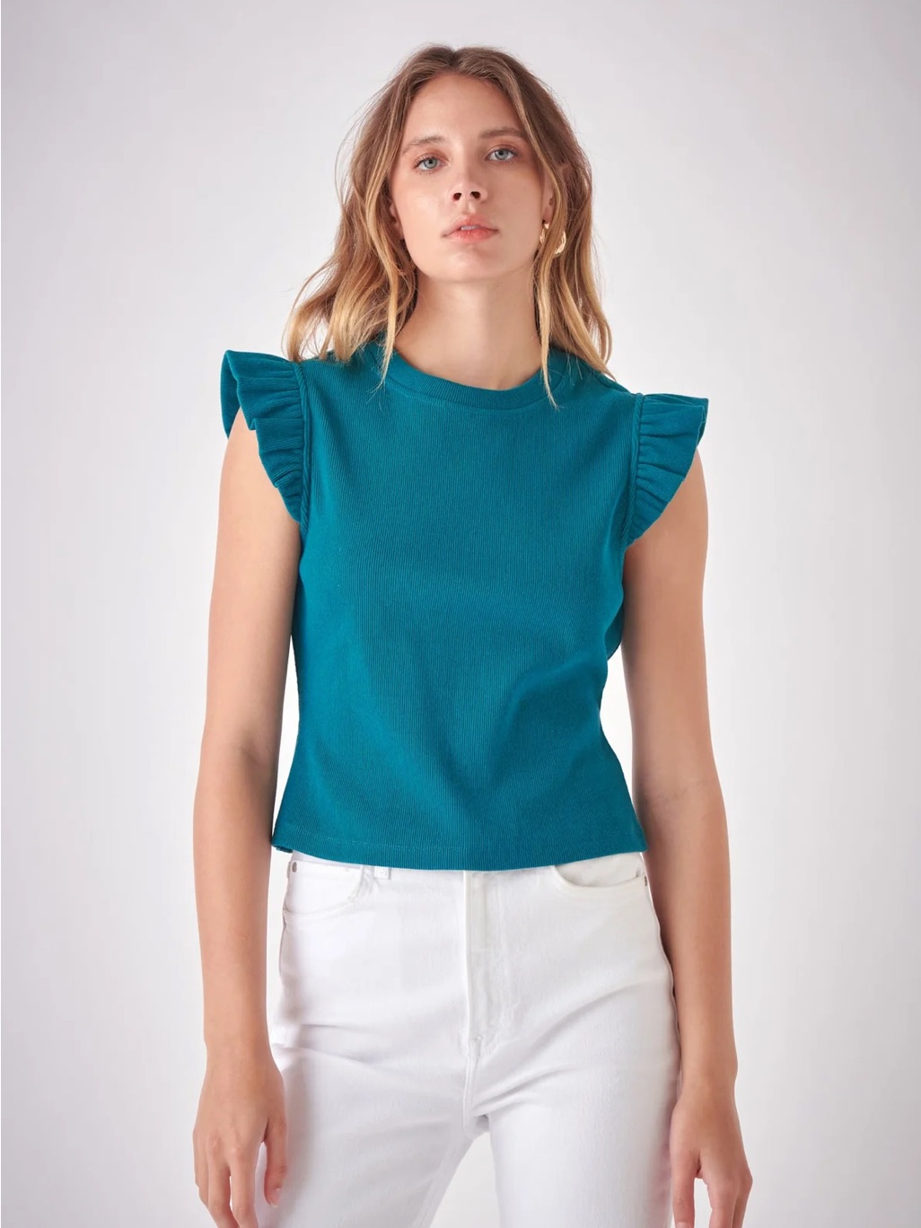 Free The Roses Anthropology Ruffled Sleeve Knit Tank Top - Teal Sz Sm